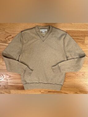 Banana Republic 100% Lambswool Sweater Minimalist Mens Med Tan V-Neck Classic